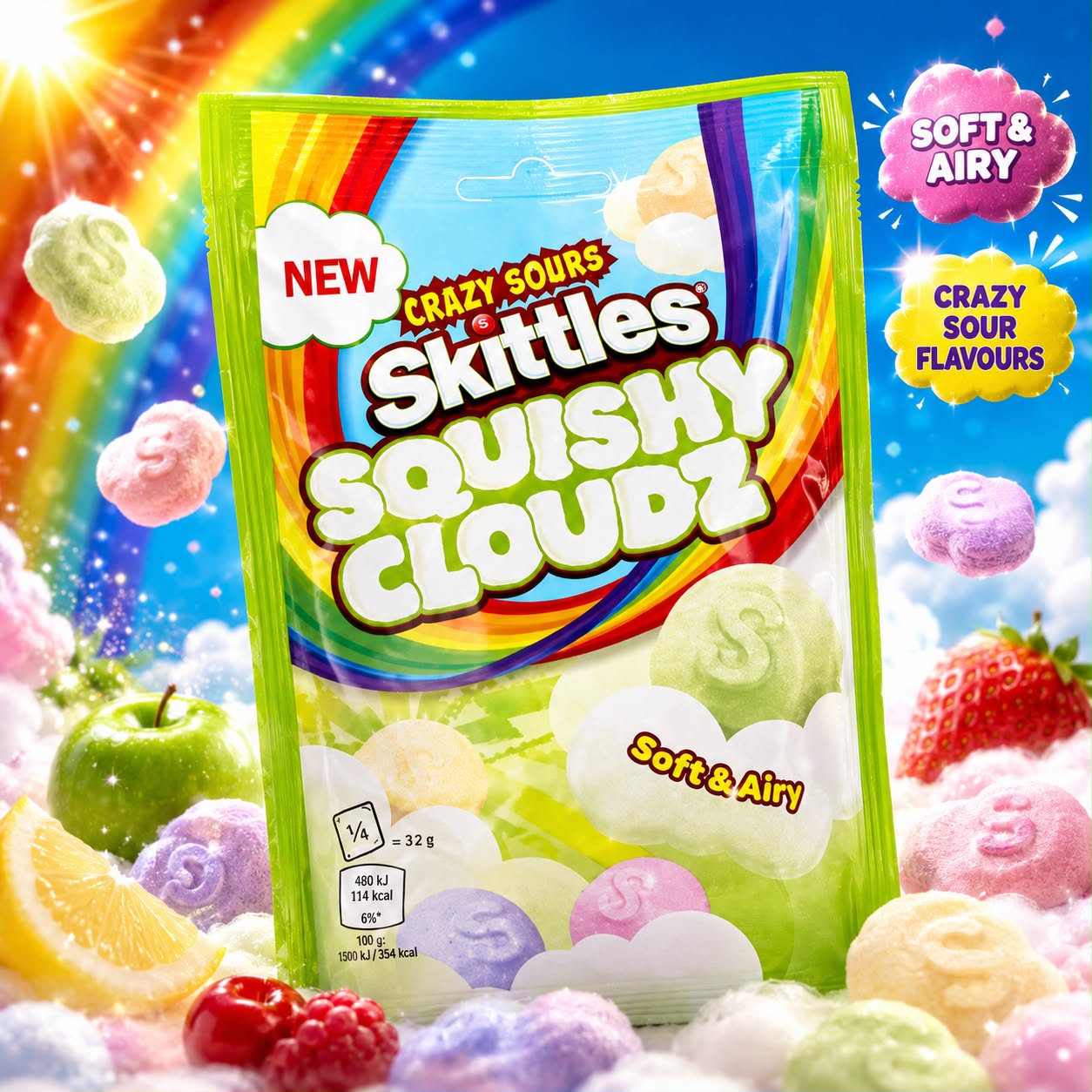 WhatsApp Image 2026-06-18 at 20.47.56 UK Crazy Sours Skittles Squishy Cloudz 94g - Image 1